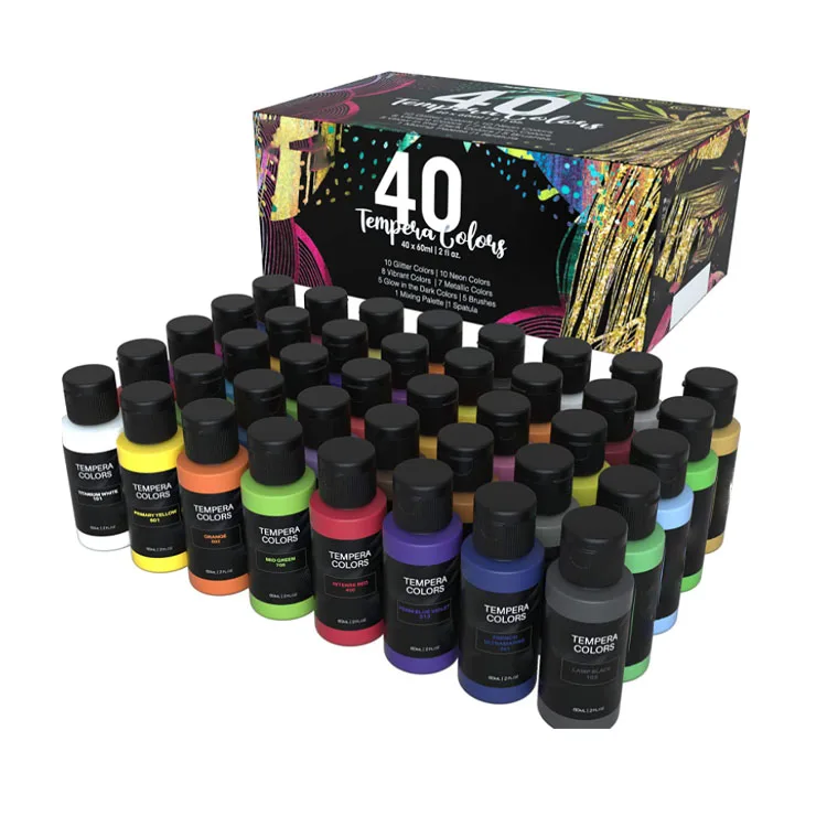 Tempera Paint for Kids  Set of 40 x 60ml Poster Paints  Matte Colour Neon Glitter Paint Fluorescent Metallic  Paper Card