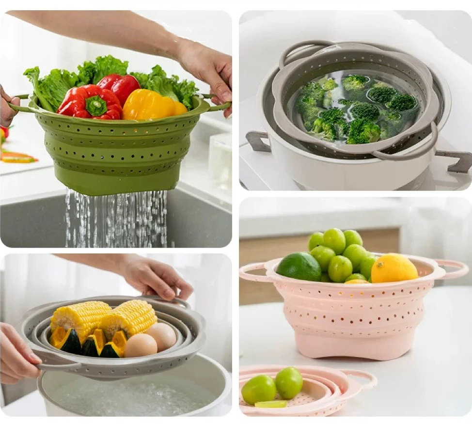 Heat Resistant Foldable Silicone Colander Folding Silicone Strainer Eco-friendly High Quality Houseware Collapsible