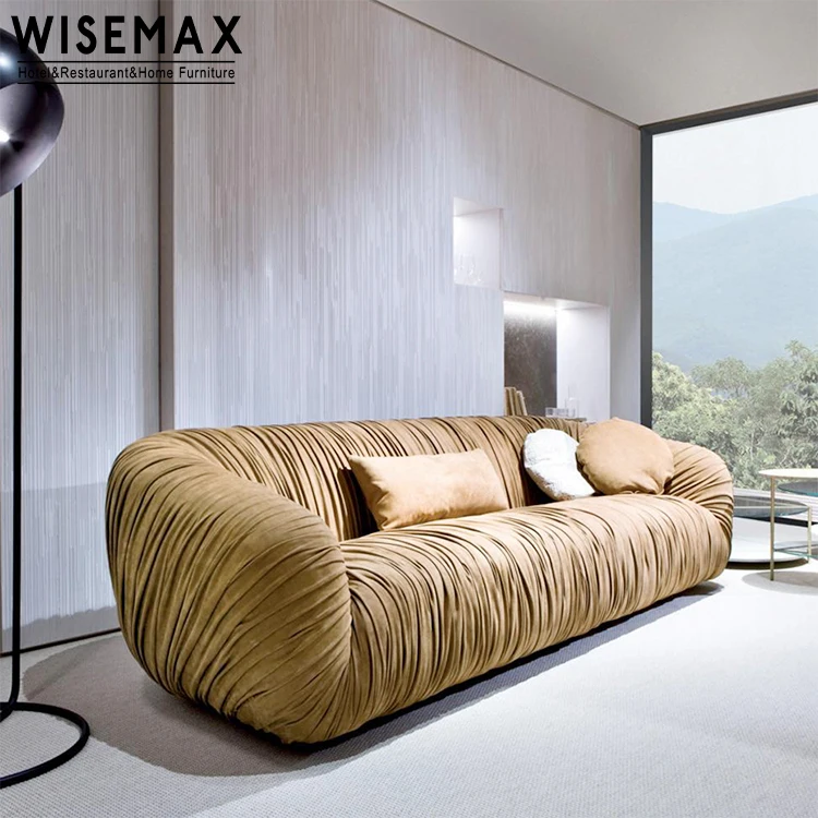 WISEMAX FURNITURE European luxury pleated leather sofa living room furniture lounge sofa sets Italian modern velvet l shape sofa