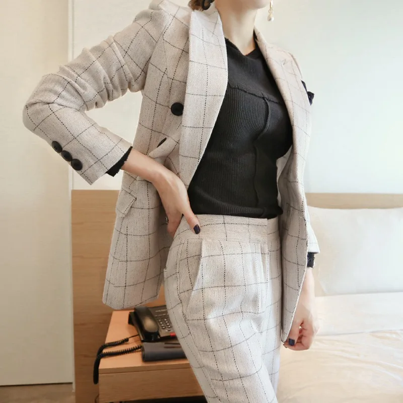2020 INS Amazon Hot Sale Office Lady Suit Cotton Plaid Women Coat Pants 2pcs Set Spring Autumn Female Business Suit