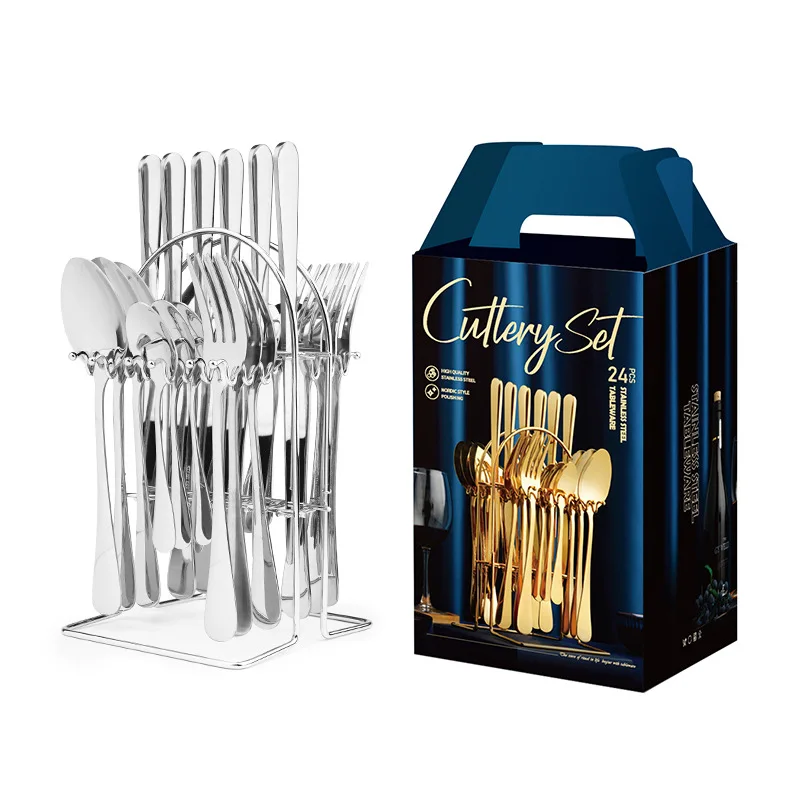 Amazon Best Selling Stainless Steel Knife Fork Spoon Set 24pcs Gold Flatware Luxury Cutlery Set With Stand