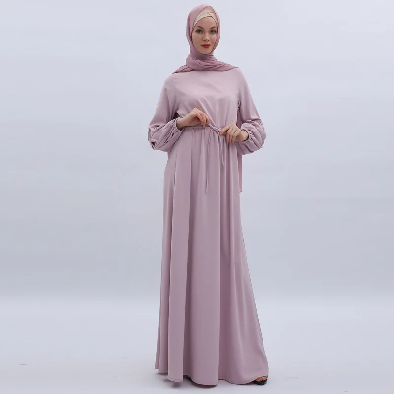 Muslim solid color lantern sleeve elastic cuff dress arabic dress student abaya dress