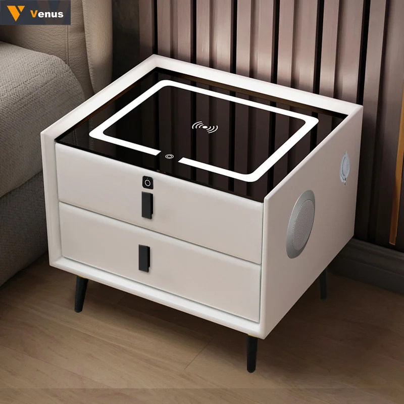 Modern Smart Nightstand Bedroom Furniture Set Table With Wireless Charging Speaker Sensor Light Led Solid Wood Bedside Cabinet