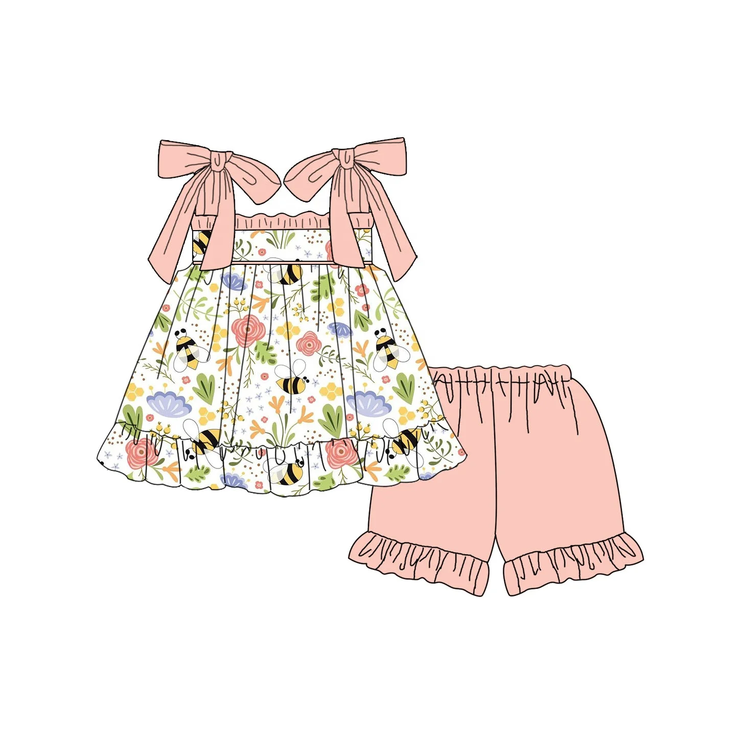 Puresun custom designs wholesale spring baby clothing bee flowers knit print girls romper with bow tie strap