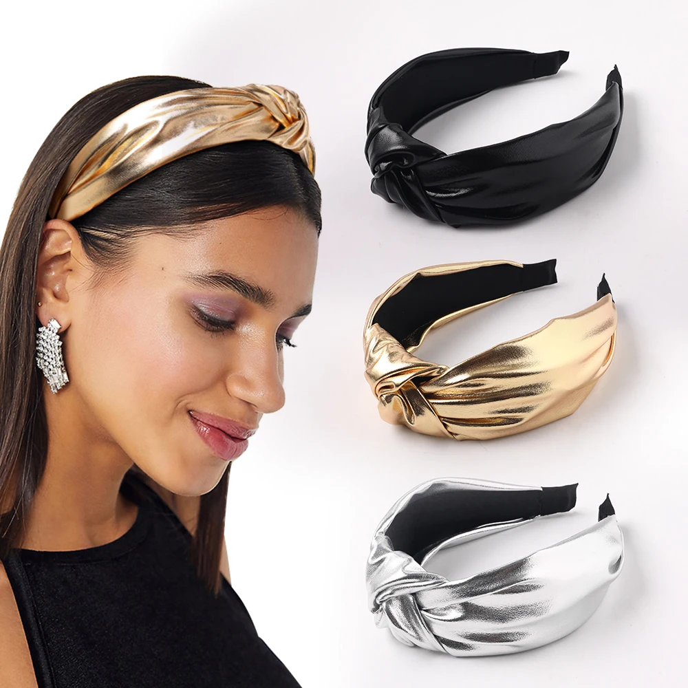 2023 Knot Glitter leather Headband Women Leather Knot Headband Pu Bling Headband