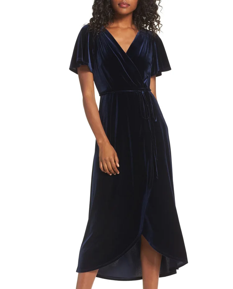 Surplice v neck ladies faux wrap velvet midi dress summer 2020
