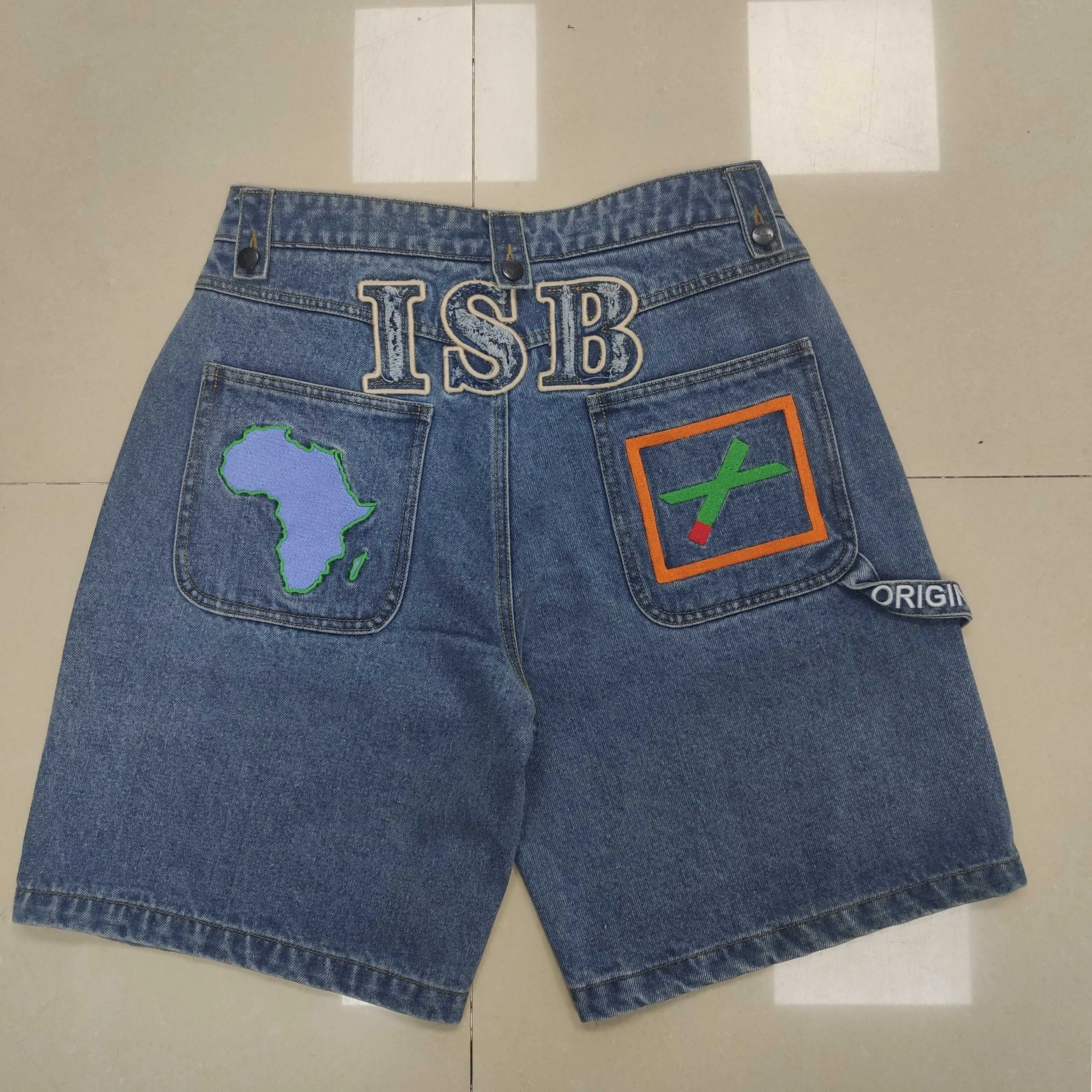 Applique Embroidery Patch None Stretch Baggy Denim Shorts Rise Oversized Jeans Shorts Acid Wash Distressing Denim Jorts for Men
