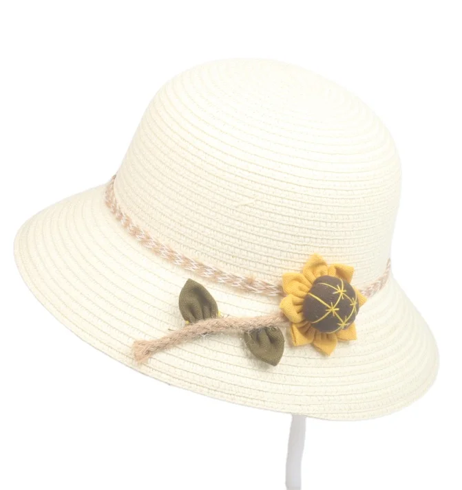 Wholesale wide brim Summer kids Beach Sun Hat Children Girl Bucket Straw Hat Flower Bowknot Sunhat