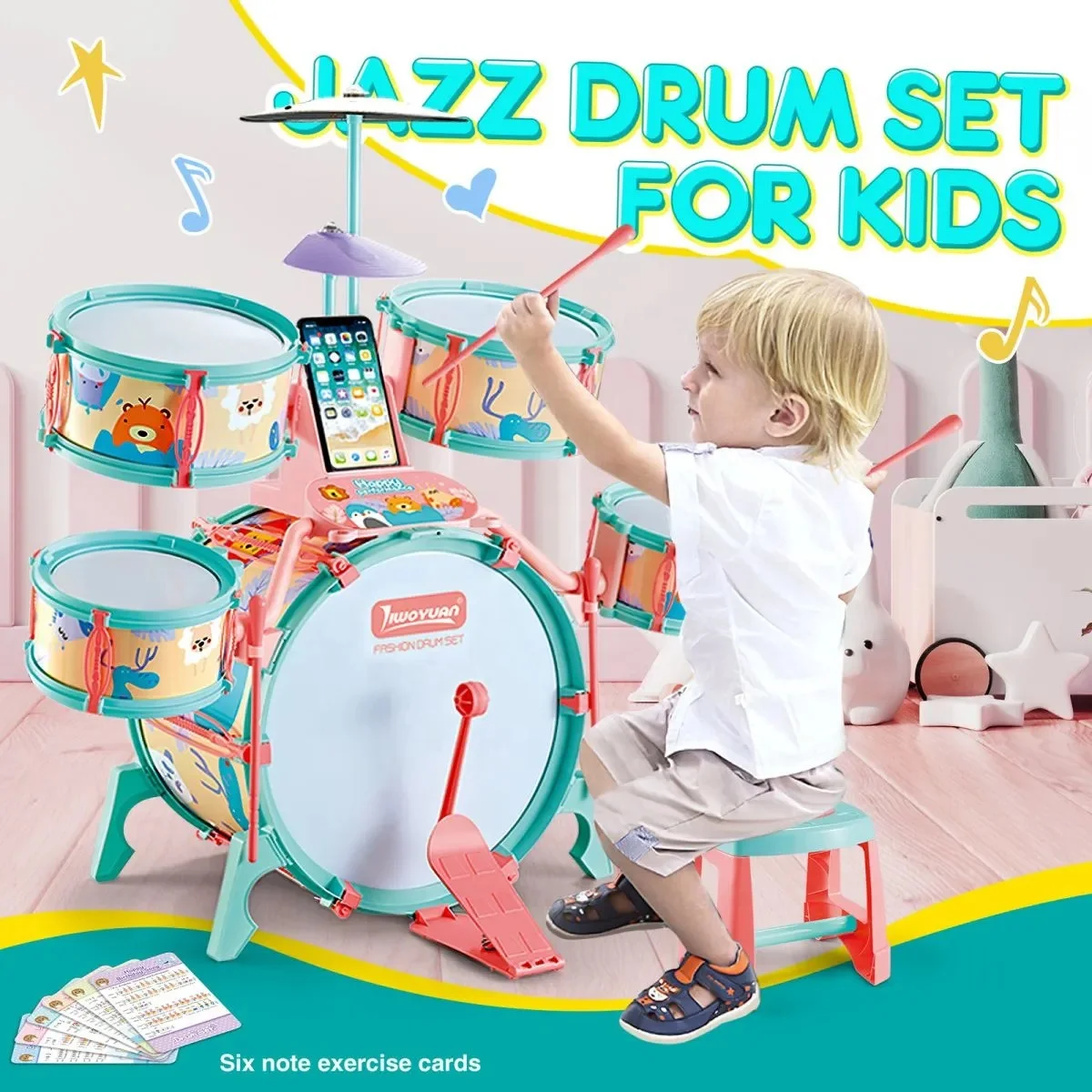 Children Jazz Drum Play Set with Stool Cartoon Educational Musical Instrument Toys Multifunctional Jazz Drum Set Toy for Kids