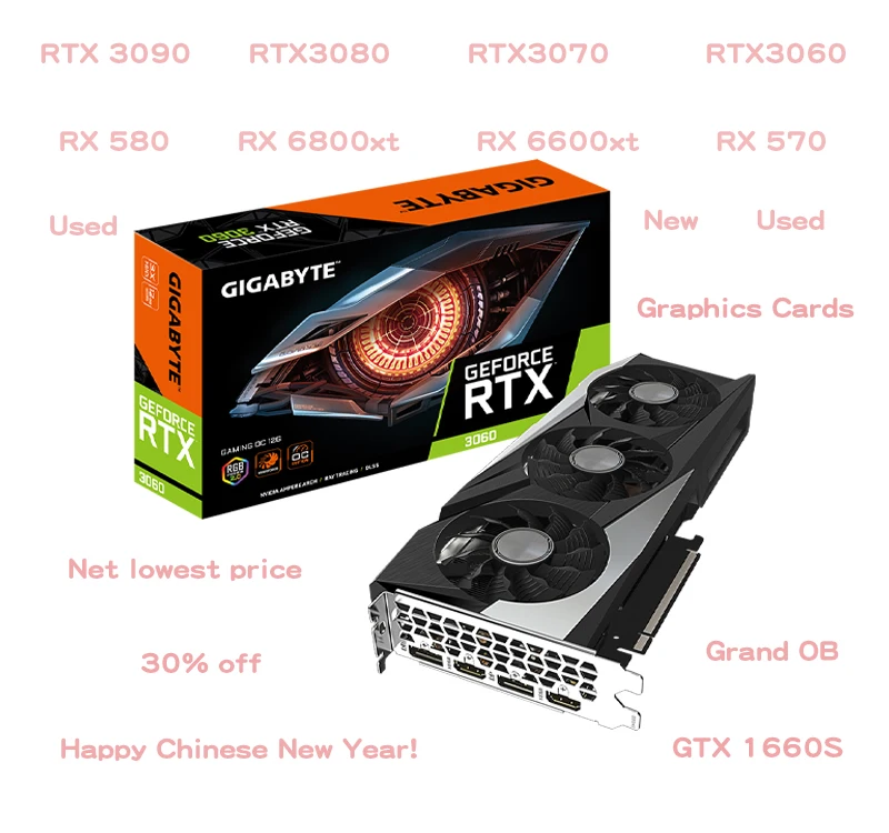 2022 30% off Used Graphics Cards RTX 3090 3080 3070 3060 ti RX 580 8gb RX 6800 6600 xt RTX 3080 Graphics Cards