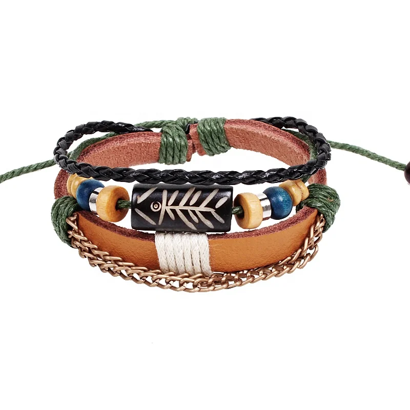 Vintageo women men  wood beads fish engraved multilayer leather stretched bracelet for promotional gift