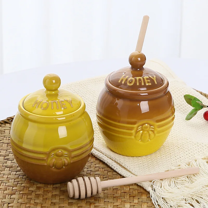 Ceramic honey jars food storage and container porcelain honey dispenser with dipper