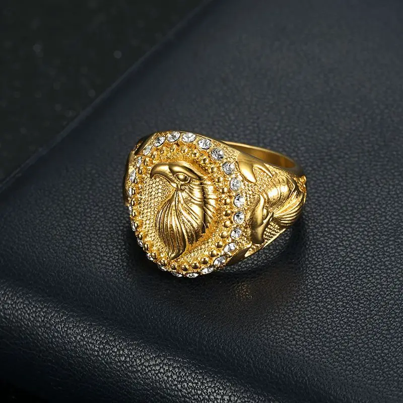 Wholesale Cheap Tarnish Free Punk 18k PVD Gold Plated Hip Hop Titanium Steel Gold Two Tone Crystal Eagle Band Ring For men