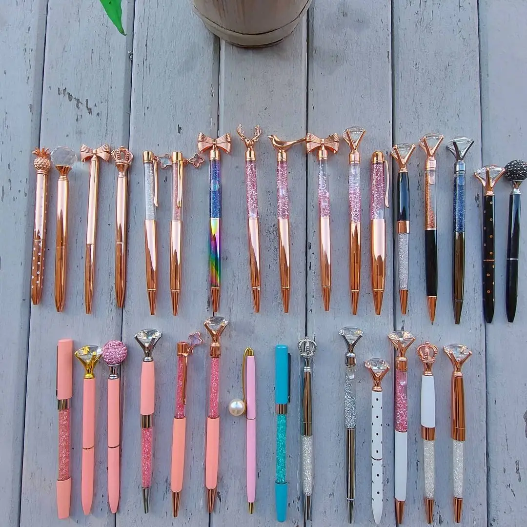 Fashion promotional ballpoint pens diamond crystal pearl bow crown glitter floating metal pen Logo and box customizable