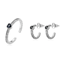 SHIERO Sterling 925 Silver Vintage Jewelry Set for Women New Designer Engraved Flower Pattern Huggie Earrings Heart Open Ring