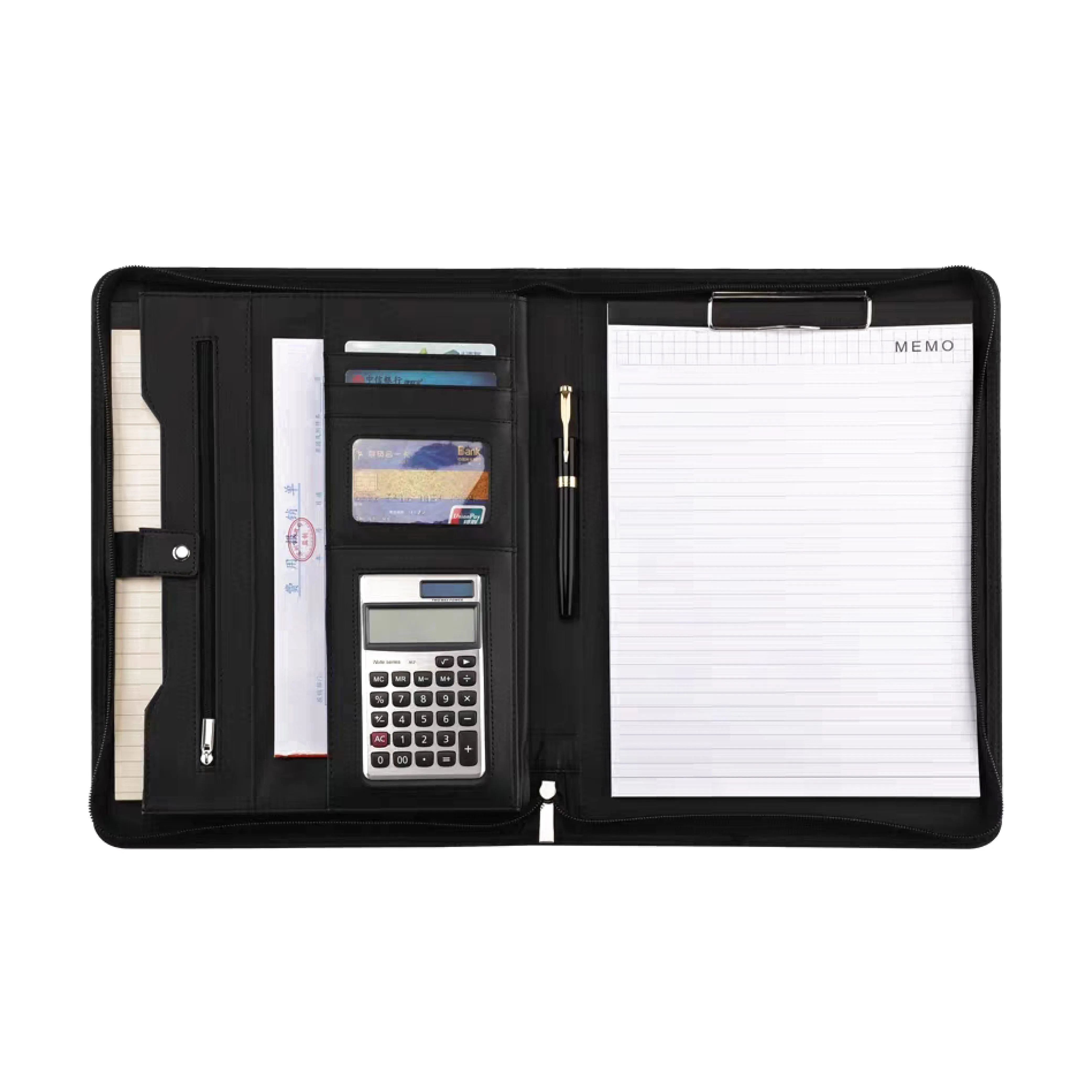Custom logo briefcase A4 pu leather notebook portfolio business office calculator stationery zipper file folder