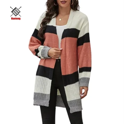 
Custom Color Block Drop Shoulder Longline Long Multicolored Autumn Cardigan Plus Size Sweaters 