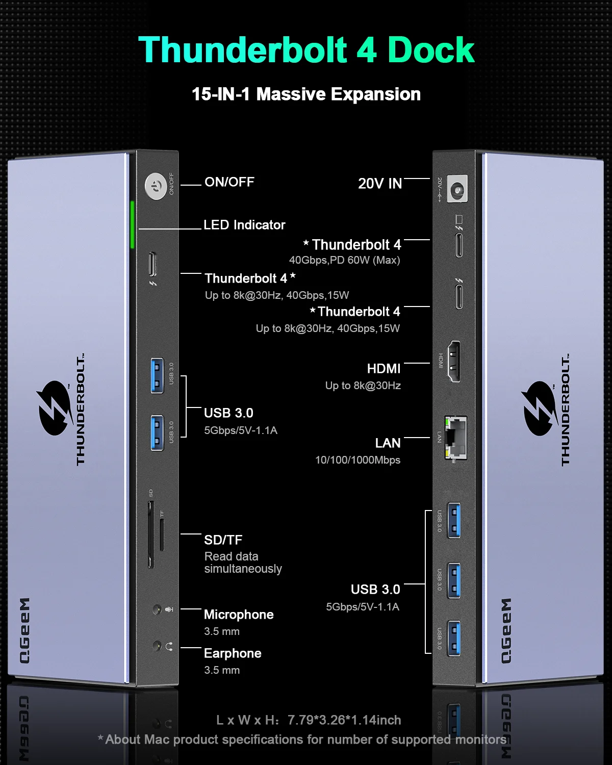 Thunderbolt 4 Docking Station QGeeM 16 in 1 Dual Monitor 4K / Single 8K H DMI 130W Compatible for Ma cBook Pro D ell L enovo H P