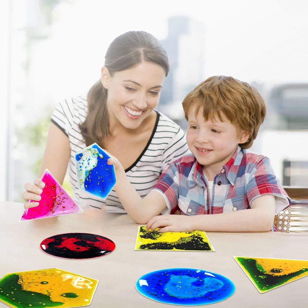 Customized Jelly Glitter Liquid Oil Pad 6pcs Kids Gel Sensory Shapes Toys Fidget Anxiety Stress Relief for Autism