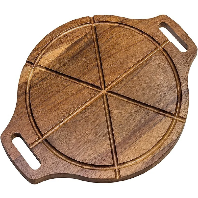 Custom Acacia Wood Pizza Peel Round Cutting Board Serving Platter Cheese Paddle Board Serving Pan for Pizza with Double Handles