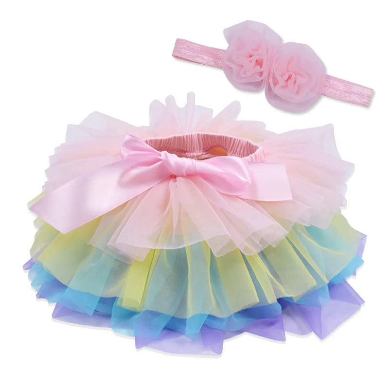 New Product Summer Above Knee Baby Girl Tulle Tutu Skirt with Headband Sets