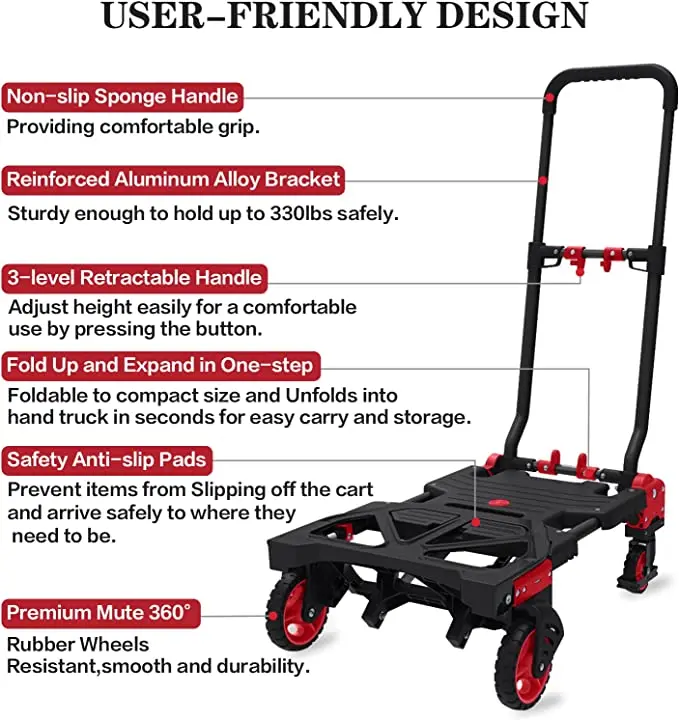 Folding Hand Truck Heavy Duty Dolly Cart with Bungee Rope Convertible Portable 2 in 1 Enclosed Handcart with Retractable Handle