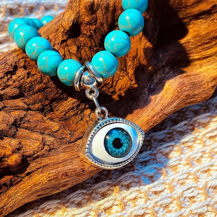 QW-127 Turtle Bird Eye Round Cross Owl Pendant Hand Jewelry Metallic Alloy Metal Elastic Ethnic Green Turquoise Beads Bracelet
