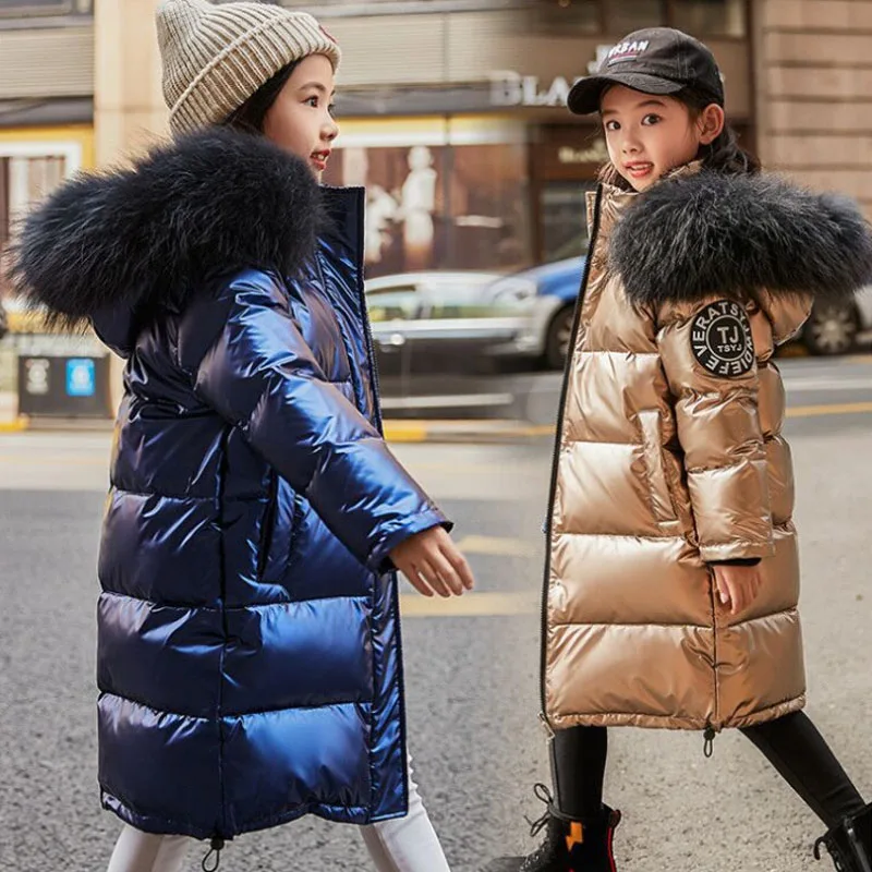 
Kids Boys Long Girls Thickening Large Fur Collar Children Down Jacket 