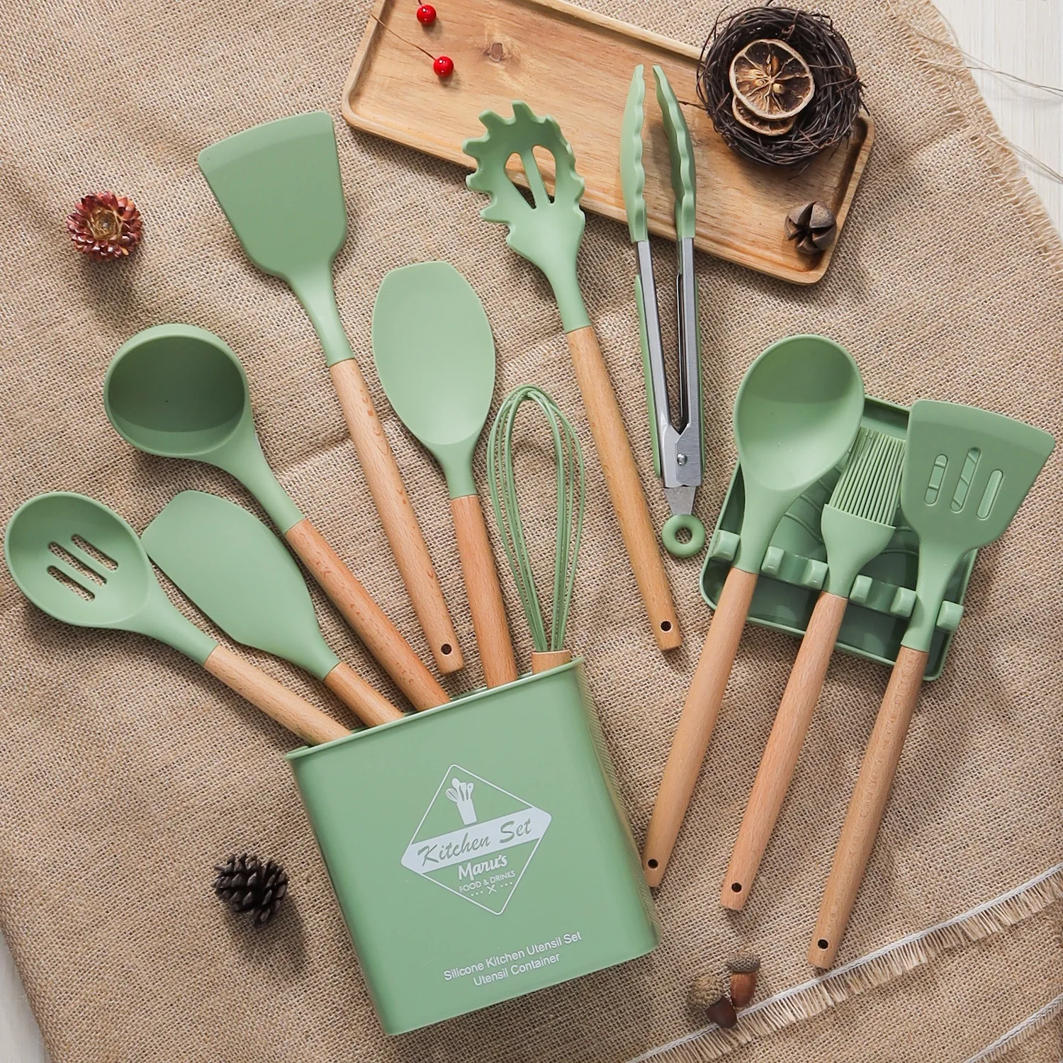 Heat Resistant 13pcs Kitchen Silicone Cooking Spoons Utensil Set Silicone Kitchen Utensils With Wood Handle