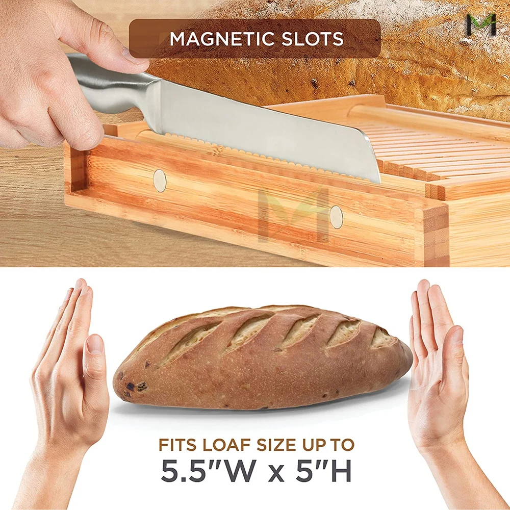 Amazon Top Seller Wholesale Premium Bamboo Bread Slicer with Knife and Crumb Catcher Tray