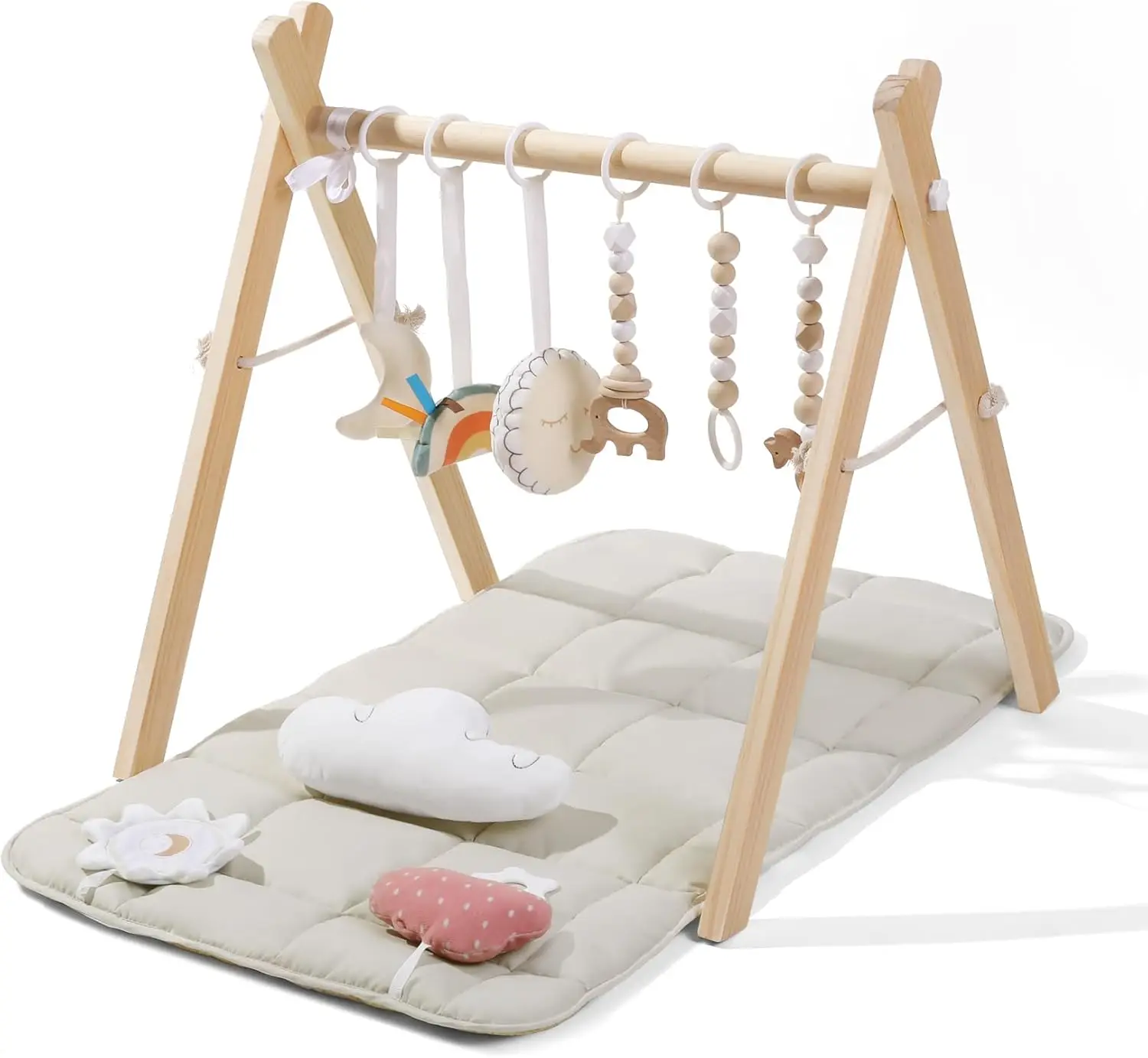 Foldable Baby Mat Wooden Play Gym Sensory Toys Frame Activity Center Natural Pine Wood Montessori Easy to Assemble Gift Pad