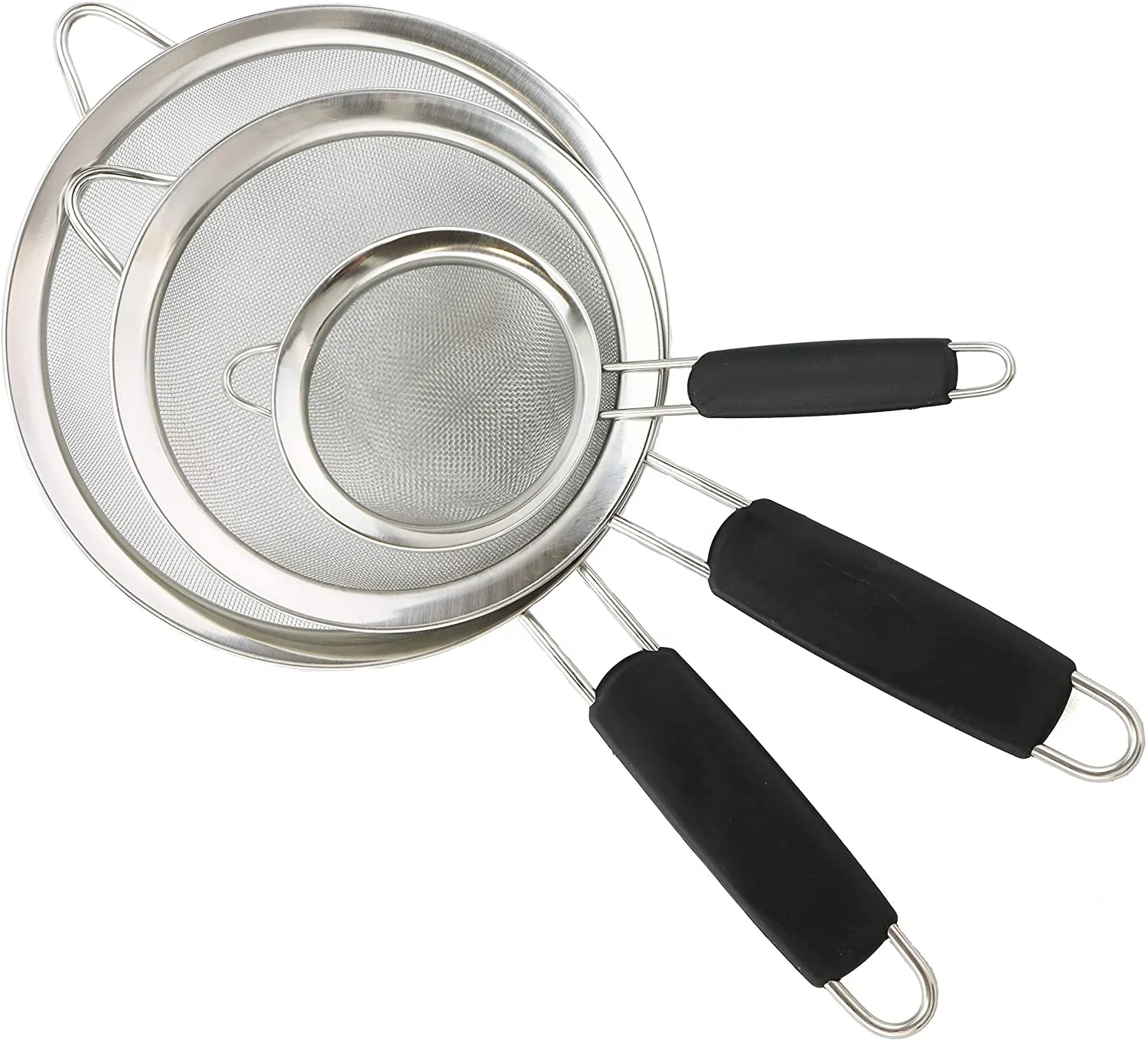 
Hot sell Stainless Steel Fine Mesh Strainers - Set of 3 Graduated Sizes flour sieve with Comfortable Non Slip Handles 