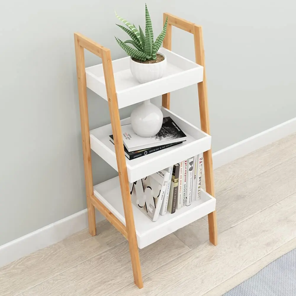 Bamboo Ladder Shelf 3-Tier Kitchen Organizer Rack FreeStanding Bookshelf Bathroom Storage Shelving Plants Stand Display Shelves