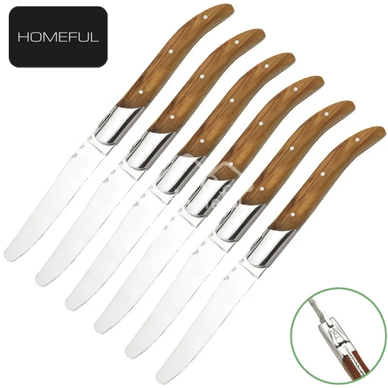 French style laguiole steak knife 420 steel round tip serrated blade with natural wood handle