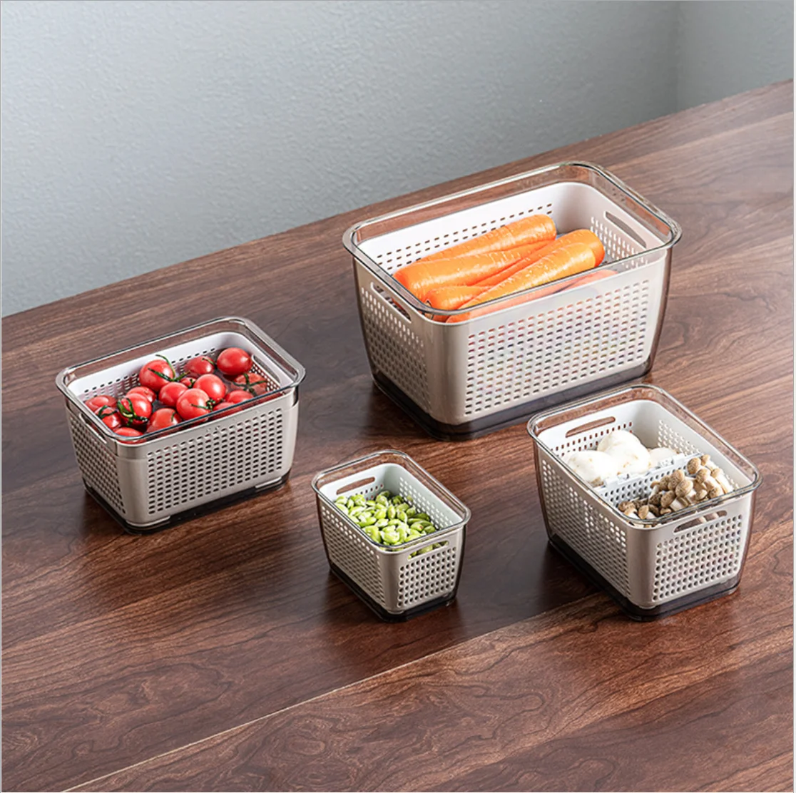 Kitchen Transparent Fridge Fresh-keeping Double-layer Drain Box Organizer Basket with Lid Plastic Food Storage