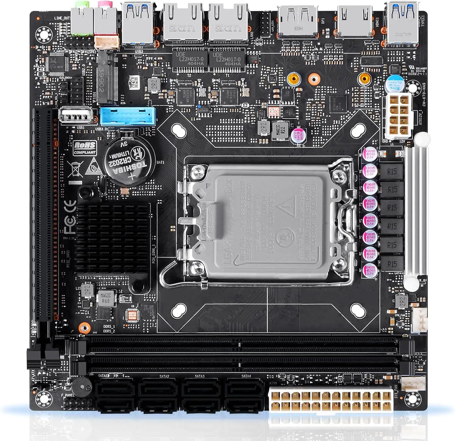 LGA1700 NAS Mini-ITX Computer Motherboard 8*SATA3.0 PCIe x16 2*DDR5 MAX 128GB HDMI DisplayPort M.2 NVMe USB3.2 20Gbps USB Type-C