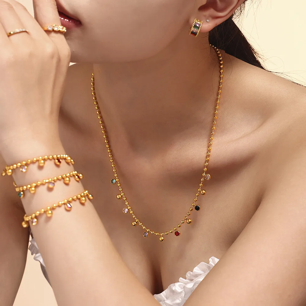 18k Gold Plated Stainless Steel Waterproof Jewelry Set Colored Glass Round Bead Non Tarnish Necklace Bracelet Women