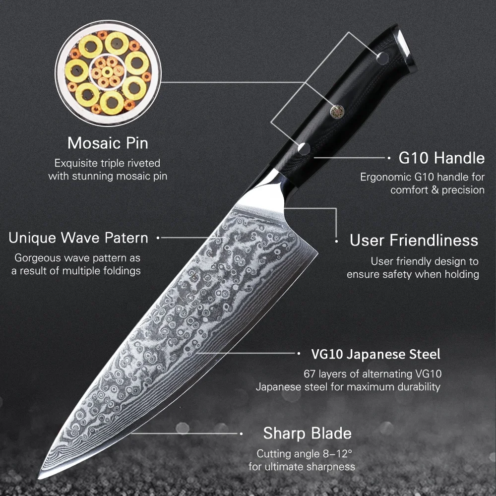 Amazon hot selling high quality vg 10 blade hrc 60 damascus Chef knife kitchen knife