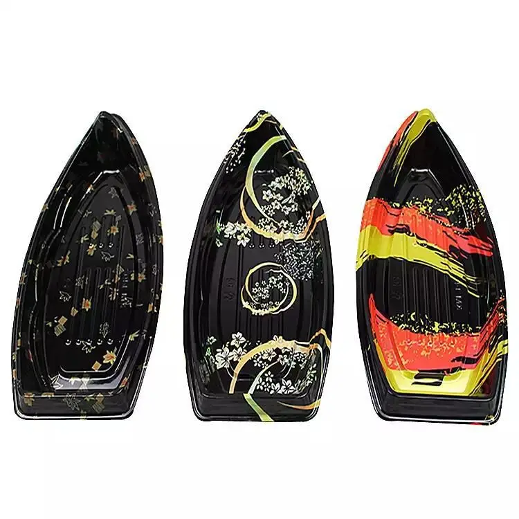 Disposable Boat Shape Sushi Packaging Box Exquisite Pattern Transparent Takeaway Food Transport Tray With Transparent Lid
