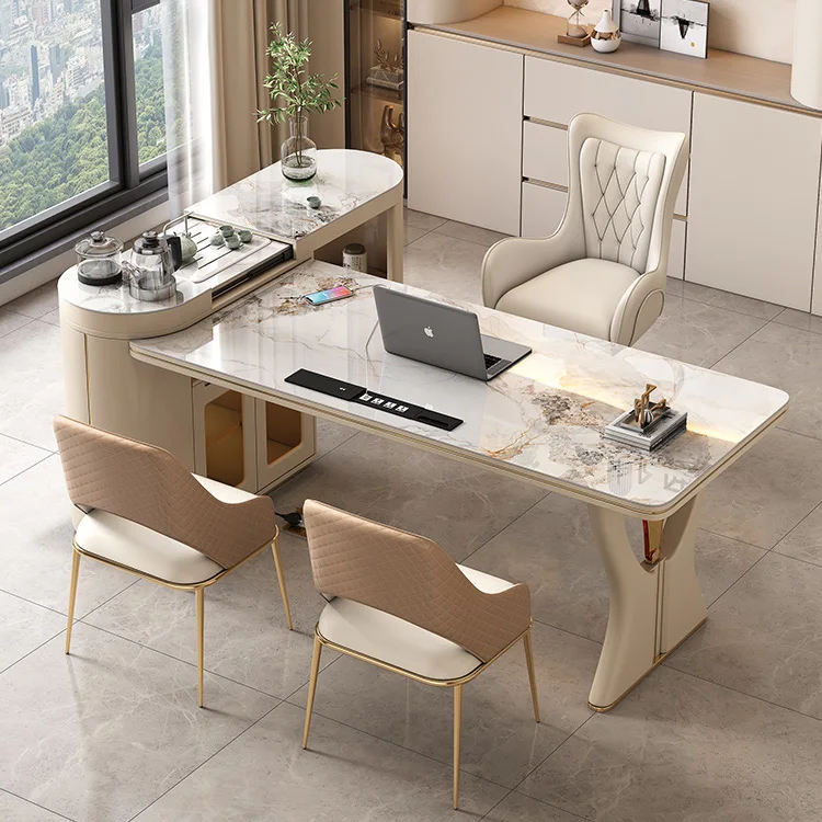 Modern Fashion Metal Frame Home Office Desk L Shape Sintered Ston Computer Desk With Coffee Tray Italian Style Laptop table