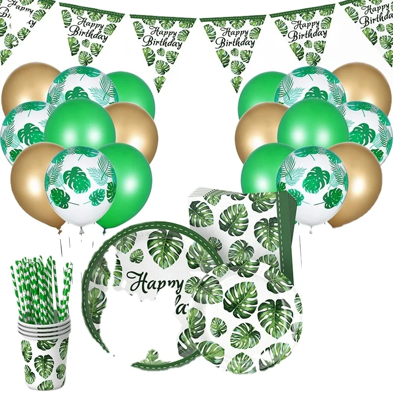 DAMAI Green Plant Theme Disposable Party Paper Plate For Kids Happy Birthday Party Tableware Green Gold Latex Balloon Supplies