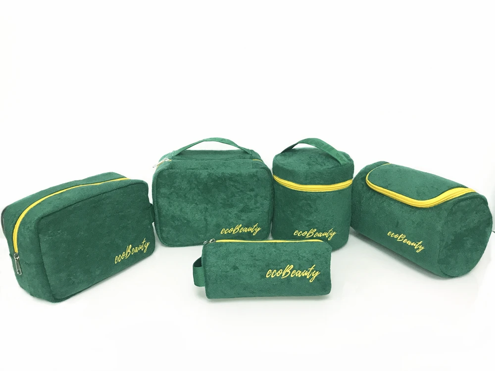  Eco friendly darker green RPET terry cloth makeup bags sustainable towel cosmetic pouch for