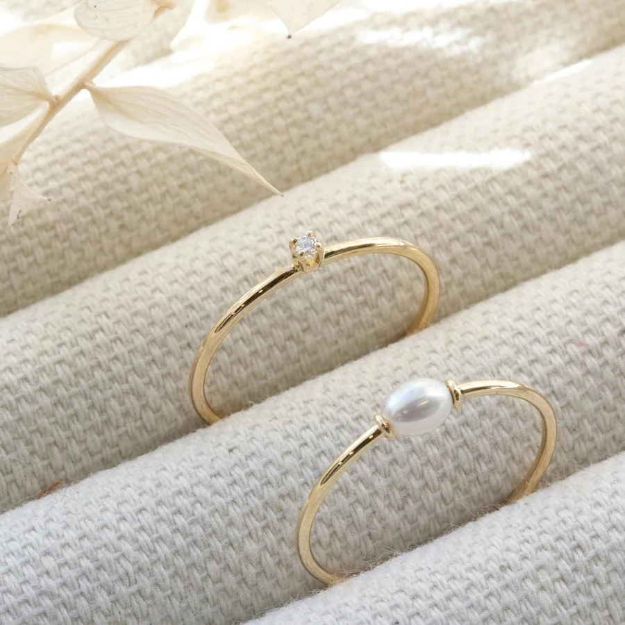 Minimalist Dainty Jewelry 925 Sterling Silver 18K Gold Plated Simple Spinning Natural Freshwater Pearl Ring for Women