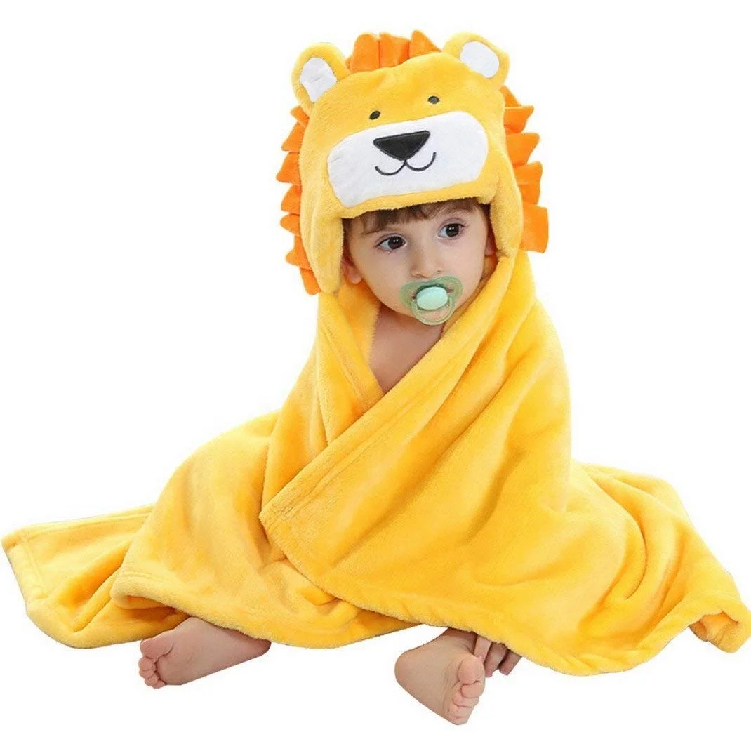 Custom Soft and Cute Cartoon Animal lion Pattern Baby Hooded Flannel Bamboo Towel for Bathing Use