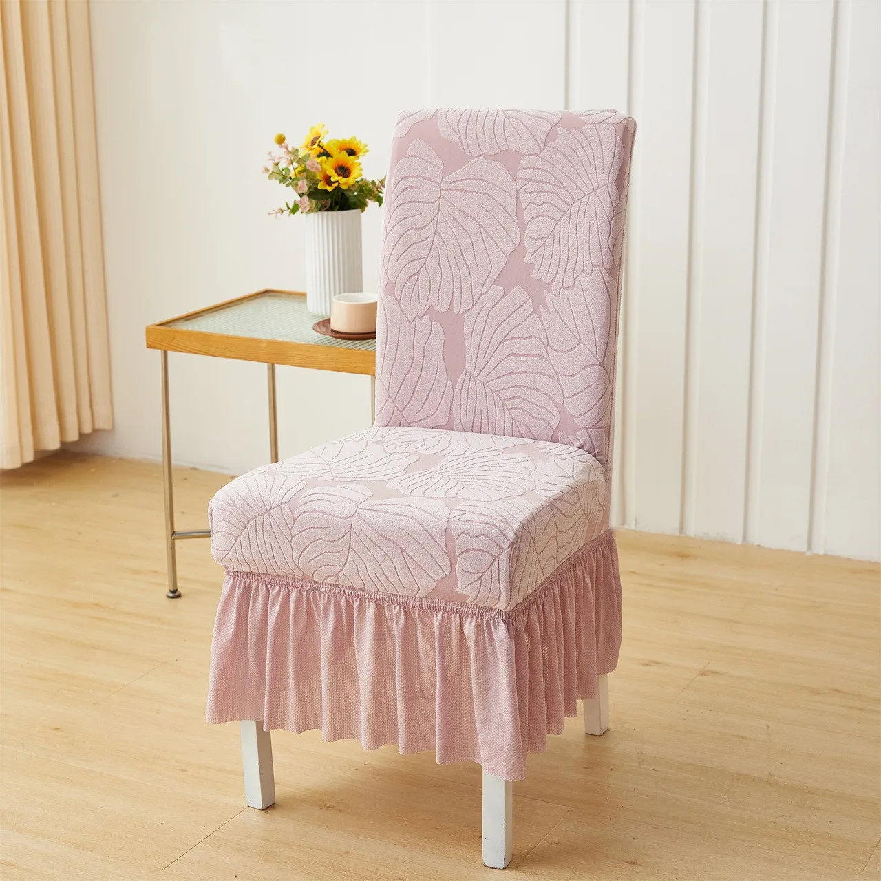 Factory Direct Sale Modern Thickened Leaf Stretch Spandex Chair Cover With Skirt For Protector Kitchen Home Decoration Hotel