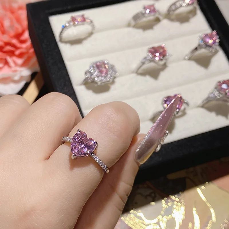 pink sapphire and diamond ring Exquisite 18K Plated Radiant Zirconia pink heart ring different design large diamond open ring