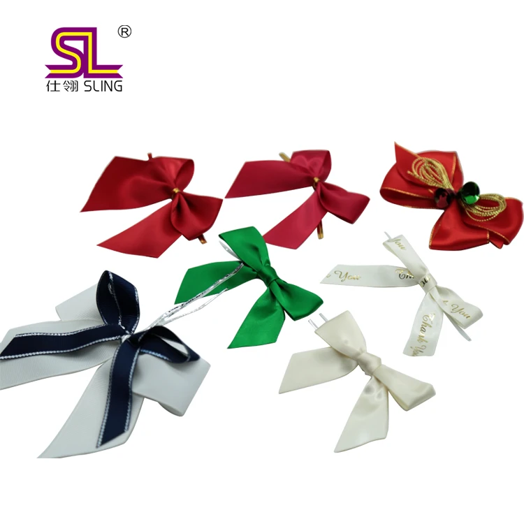 Pre Tied Polyester Satin Ribbon Bows With Gold Twist Tie For Gift Candy Chocolate Plastic Bag or Box Wrapping