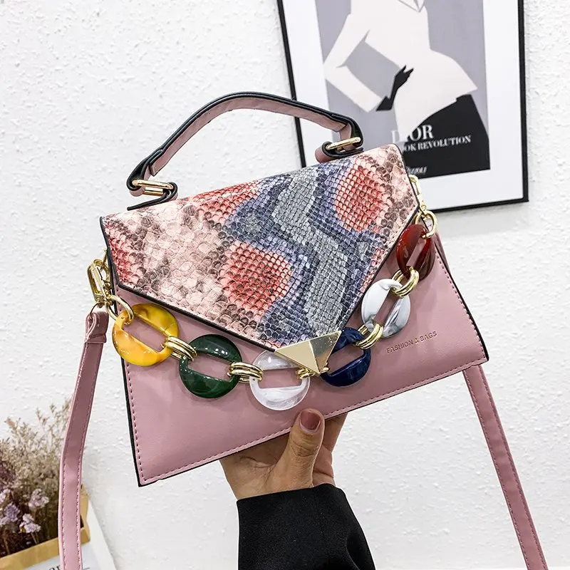 
Dropshipping lady bag 2021 New Korean style contrast color snake pattern color chain portable small square bag 