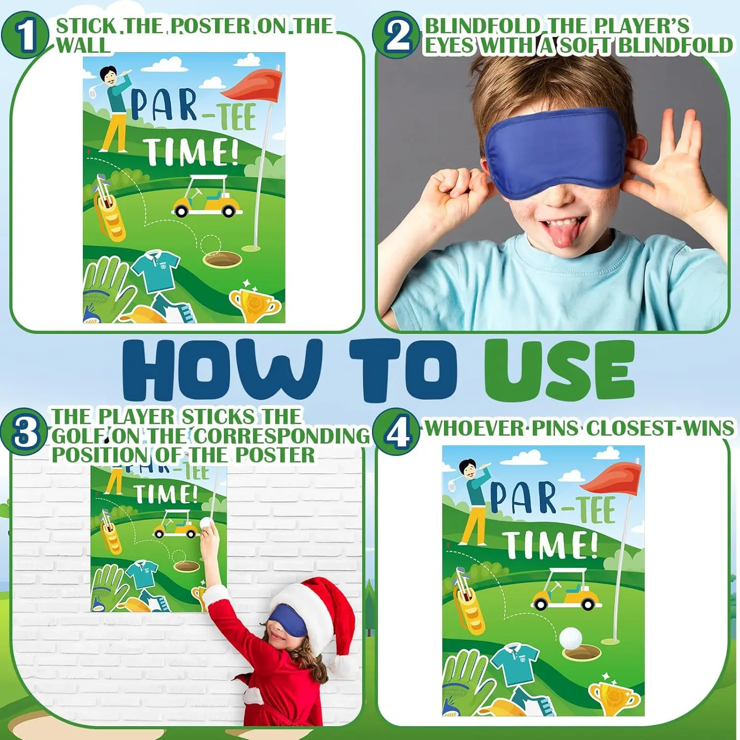 Golf Party Games Par Tee Time Pin the Golf Ball on the Hole Game Poster Stickers with Blindfolds Golf Game Party Decoration