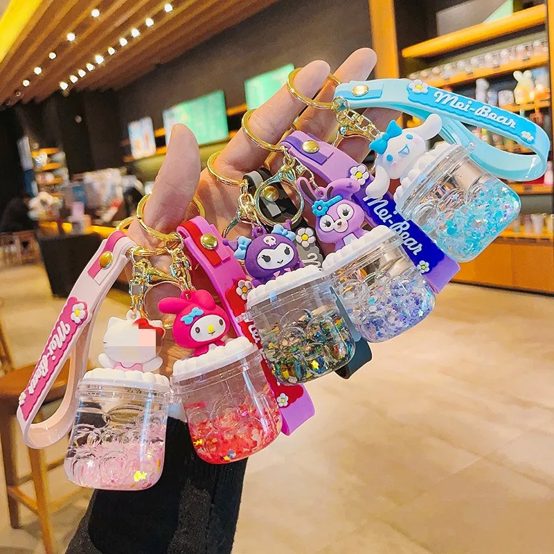 Wholesale Creative Acrylic Keychain Oil Into Bottle Floating Bubble Beads Drifting Key Chain Cartoon Sanrioes Liquid Keychain